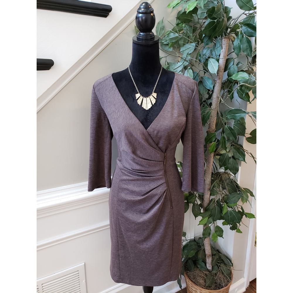 Jessica Simpson Wrap Dress Women's 12 Brown Ruched Back Zip Long Sleeve V Neck